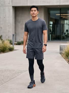 A performance-focused gym look featuring black compression leggings, charcoal grey athletic shorts, and a fitted moisture-wicking tech tee in a matching dark grey.