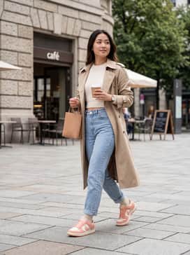 High-waisted light-wash straight-leg jeans paired with a cropped cream knit sweater and a beige trench coat for a sophisticated yet relaxed look.