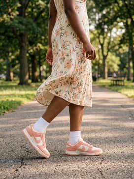 A flowy midi sundress in a neutral floral print to create a soft, balanced contrast with the sporty silhouette of the sneakers.