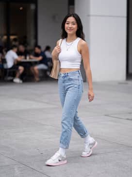 High-waisted light wash mom jeans paired with a cropped white ribbed tank top and silver layered necklaces to echo the metallic details.