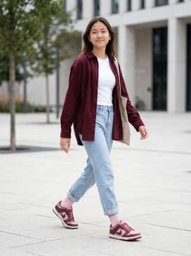 Dunk Low Next Nature – Light-wash high-waisted mom jeans, a white baby tee, and an oversized maroon corduroy shirt for a layered, color-coordinated look.