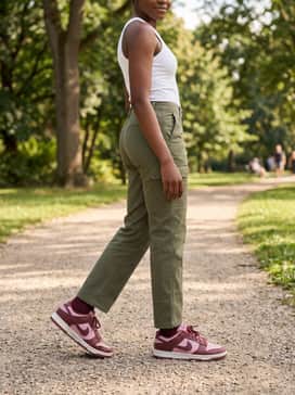 Straight-leg cargo pants in olive green with a tucked-in white ribbed tank top, creating a rugged contrast against the feminine pink tones.