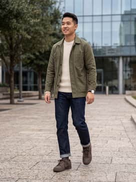Dark indigo slim-fit raw denim jeans paired with a heavy cream-colored waffle-knit sweater and an unbuttoned olive green chore coat for a rugged, tonal appearance.