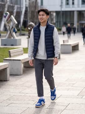 Slim-fit black joggers paired with a light grey oversized hoodie and a navy blue puffer vest for a sleek, athletic streetwear aesthetic.