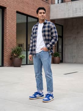 Straight-leg light wash denim jeans with a tucked-in white graphic t-shirt and an unbuttoned navy blue flannel shirt to complement the shoe's primary tones.
