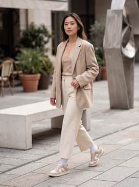 Dunk Low Suede – A monochromatic look featuring cream-colored wide-leg tailored trousers, a tucked-in beige silk camisole, and an oversized sand-toned wool blazer.