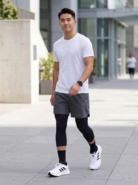 A performance-focused look featuring black moisture-wicking compression tights under charcoal running shorts and a white technical mesh t-shirt.