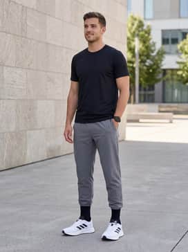 Gym-ready attire with tapered grey joggers, a black fitted compression tank, and a matching black zip-up hoodie.