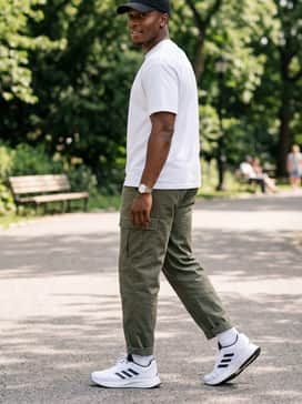 A streetwear ensemble featuring olive green cargo pants, an oversized white graphic tee, and a black baseball cap for a balanced contrast.