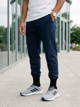 Slim-fit navy blue joggers combined with a crisp white crewneck t-shirt and a matching grey zip-up hoodie for a comfortable athleisure look.