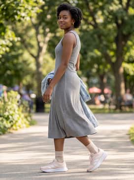 Match with a grey ribbed knit midi dress and a light denim jacket for a comfortable yet stylish weekend brunch ensemble.