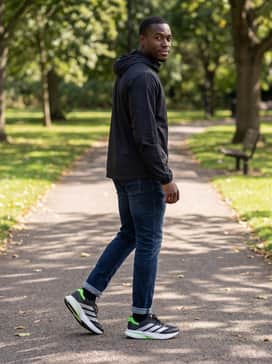 Commuter Casual: Wear with dark-wash athletic-fit jeans and a lightweight black windbreaker for a comfortable transition from the office to the gym.