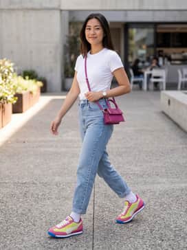 High-waisted light-wash mom jeans paired with a tucked-in white baby tee and a magenta-colored mini bag to pull from the midsole tones.