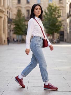 Straight-leg light wash denim jeans paired with a crisp white oversized button-down shirt and a matching cherry-red crossbody bag.