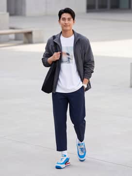 Easy Rider Club Las Vegas – A pair of relaxed-fit straight-leg light wash jeans, a crisp white oversized graphic tee, and a vintage-inspired navy blue windbreaker for a cohesive retro look.