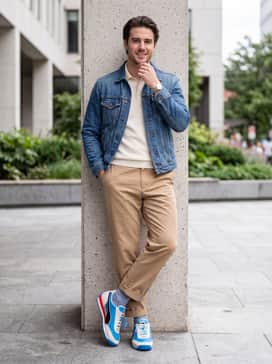 Easy Rider Club Las Vegas – Classic tan chino trousers rolled at the hem, a tucked-in cream-colored polo shirt, and a denim jacket for a smart-yet-sporty weekend ensemble.