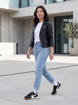 Easy Rider Vintage Womens Sneakers – High-waisted light-wash mom jeans, a tucked-in white graphic tee, and a black leather biker jacket for a classic edgy-vintage look.