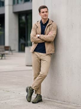 Style with khaki chino pants, a navy blue polo shirt, and a light-weight tan windbreaker for a polished yet comfortable weekend outing.