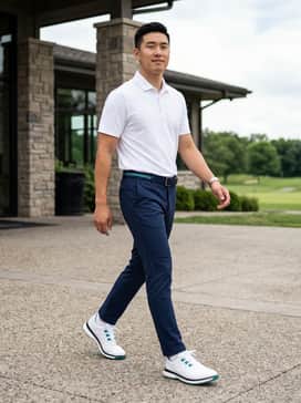 For the green: Pair with slim-fit navy blue golf trousers, a high-performance white polo, and a matching teal-accented belt for a coordinated, athletic aesthetic.