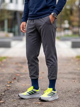Equipment Adios Pro Shoes – A sleek urban athleisure ensemble consisting of charcoal grey tapered tech joggers, a fitted navy blue moisture-wicking hoodie, and a minimalist silver sports watch.