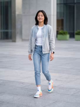 Everlasting – Light-wash tapered jeans paired with an oversized white graphic hoodie and a neon green beanie to echo the shoe's accents.