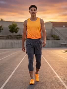 Evospeed Future 6 Track  Field Sprinting Spikes – A moisture-wicking technical singlet in matching orange paired with lightweight compression track shorts for peak race-day performance.