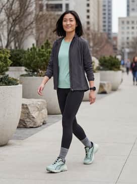 Explore Nitro 2 – A high-performance look featuring black compression leggings, a mint green moisture-wicking tank, and a lightweight grey running jacket.