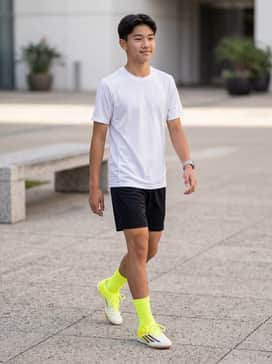 F50 Club Indoor Soccer Shoes – A professional match-day kit consisting of a white moisture-wicking jersey, black athletic shorts, and neon yellow soccer socks to tie in the shoe's primary hue.