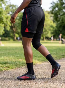 F50 Elite Firm Ground Football Boots – A pre-match warm-up ensemble featuring a full black tracksuit with red side-striping, worn over a graphic team logo t-shirt.