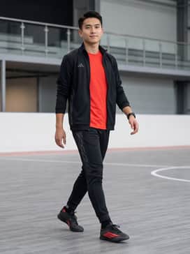 F50 League Indoor Football Shoes – Black tapered joggers paired with a red performance tech-tee and a matching black athletic zip-up jacket for a pro-athlete look.