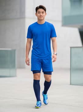 F50 Messi Pro Firm Ground Cleats – A full match kit featuring a navy blue performance jersey with matching athletic shorts and compression soccer socks.