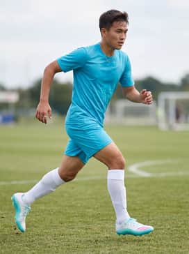F50 Messi Pro Firm Ground Soccer Cleats – A cyan blue moisture-wicking team jersey paired with matching performance shorts and high-tension white soccer socks for a professional match-day look.