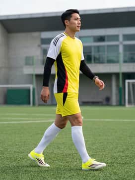 A professional match-day look featuring a slim-fit, moisture-wicking team jersey and coordinating athletic shorts with high-performance compression soccer socks.
