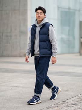 Fade Mens Sneakers – Dark indigo relaxed-fit denim jeans paired with a heather grey heavyweight hoodie and a navy blue puffer vest for a layered streetwear look.