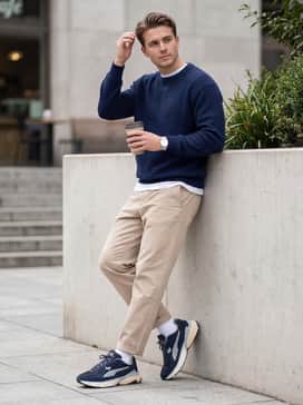 Off-white chinos with a slight cuff, worn with a light blue button-down shirt and a navy knit sweater for a polished, prep-meets-sporty aesthetic.