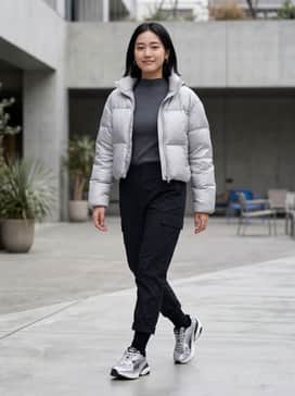 A tech-focused streetwear look featuring black nylon cargo joggers, a fitted charcoal mock-neck top, and an oversized silver puffer jacket to echo the shoe's metallic tones.