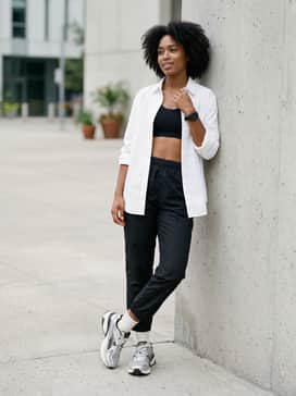 Fade Sneakers – A monochrome black athletic set consisting of high-waisted leggings and a sports bra, layered under an oversized unbuttoned white poplin shirt.