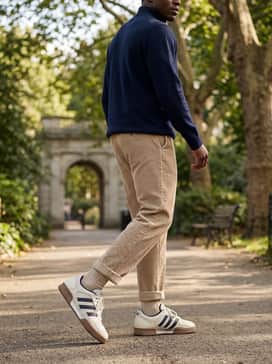 Fechten Indoor Consortium Shoes – Beige corduroy pants and a dark navy mock-neck sweater to play up the textures and tonal cream palette of the sneaker.