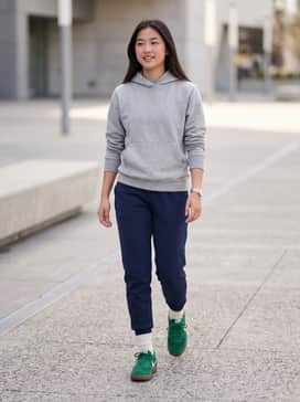 Field General – Pair with navy blue tech-fleece joggers and a heather grey hoodie for a clean, athletic look that highlights the shoe's sporty heritage.