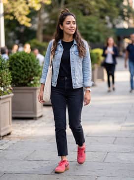 Field General Suede – A black utility-style jumpsuit with the hems rolled up once to highlight the vibrant pink suede, accessorized with silver minimalist jewelry.