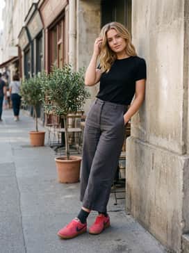 Cropped white wide-leg trousers and a tucked-in charcoal grey ribbed tank top to create a clean, sophisticated backdrop for the bold footwear.