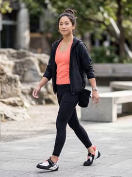 Five Ten Hiangle Climbing Shoes – High-performance climbing look featuring black compression leggings, a moisture-wicking signal coral racerback tank, and a coordinated chalk bag.