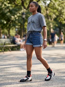 Transit-ready casual style with high-waisted denim shorts, an oversized graphic tee, and a sleek ponytail for a post-session cool down.