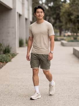 Flare Pro Trail Puretrex – A performance trail look featuring olive green moisture-wicking cargo shorts, a sand-colored compression tee, and white crew socks.