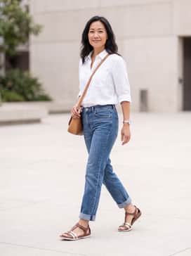 Pair these sandals with medium-wash straight-leg denim jeans cuffed at the ankle, a crisp white linen button-down tucked in, and a tan leather crossbody bag for a timeless, airy look.