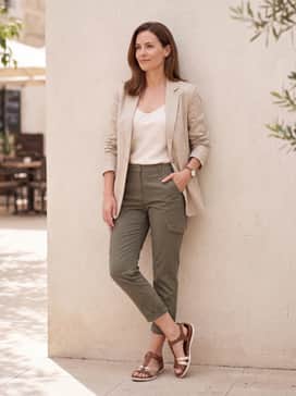 Flash – Opt for olive green cargo-style capri pants and a cream-colored silk camisole. Layer with a beige unstructured blazer to bridge the gap between casual comfort and professional polish.