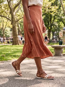 Flash – Wear with a vibrant floral-print midi dress in warm tones like terracotta or yellow. Keep accessories minimal with delicate gold jewelry to complement the sandal's metallic straps.