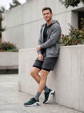 Flex Train – Charcoal grey tech-fleece shorts combined with a black compression shirt and a matching grey hoodie for an effortlessly cool athletic ensemble.