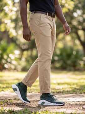 Khaki chino pants rolled at the hem with a black polo shirt, creating a smart-casual vibe that highlights the sneaker's sleek profile during daily errands.