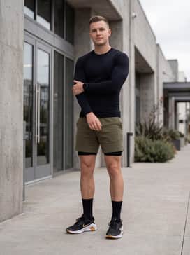 Tech-fleece shorts in olive green worn with a black compression shirt and high-performance athletic socks for a focused training session.